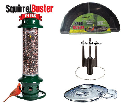 Brome Squirrel Buster Plus Bird Feeder Kit with Weather Guard, Seed Buster Tray, and Pole Adapter for birding.