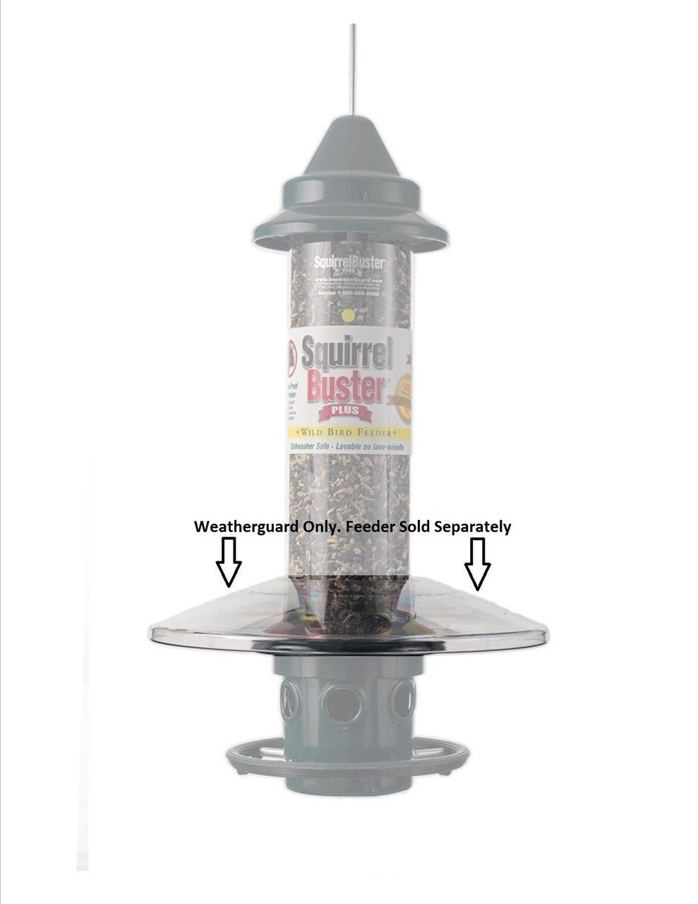 Brome Squirrel Buster Plus Weatherguard 1026 - Clear shown attached to bird feeder (feeder sold separately). Durable, UV-treated polycarbonate.