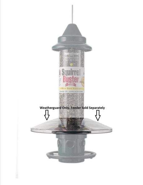 Brome Squirrel Buster Plus Weatherguard 1026 - Clear shown attached to bird feeder (feeder sold separately). Durable, UV-treated polycarbonate.