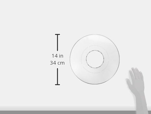 Brome Squirrel Buster Plus Weather Guard 1026 dimensions showing 14 inches or 34 cm diameter in comparison to a hand