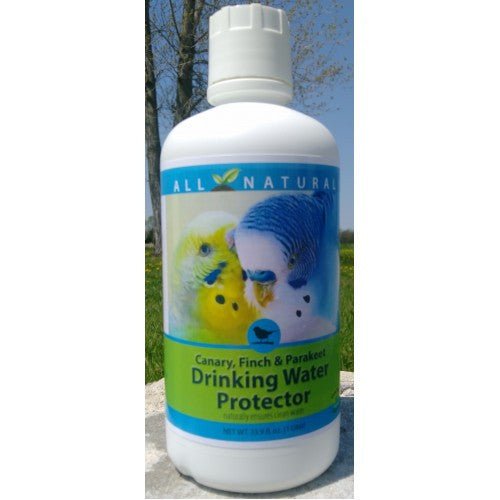 Care Free Enzymes Canary, Finch & Parakeet Drinking Water Protector 33.9 oz bottle with vibrant bird images on the label.