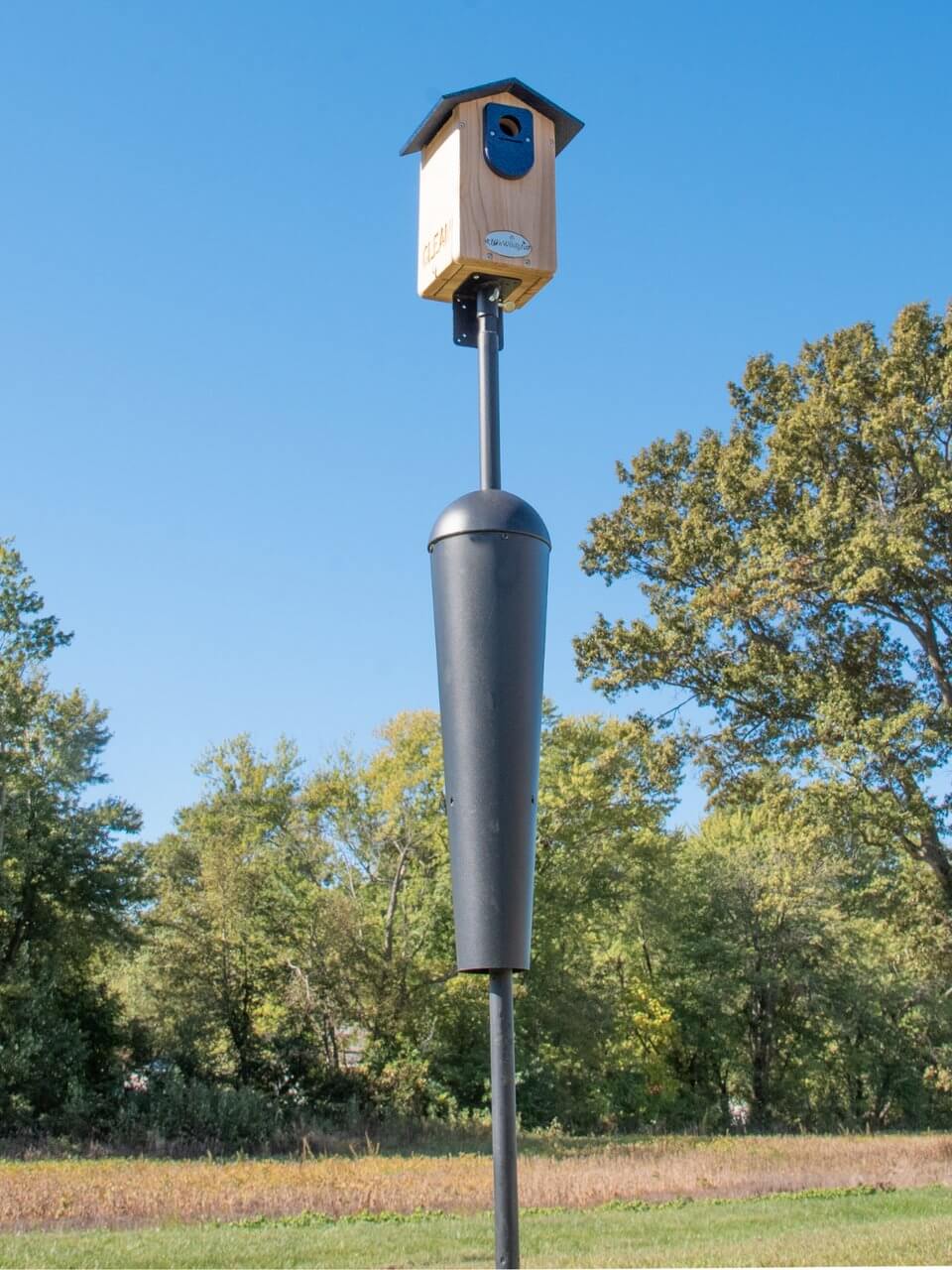 Cedar Ultimate Bluebird House on a pole with predator guard, designed for easy installation in outdoor settings.