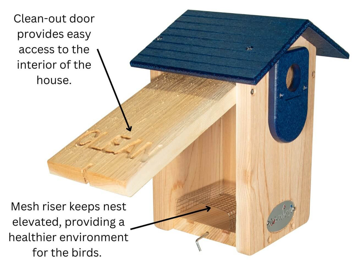 Cedar Ultimate Bluebird House with clean-out door and mesh riser for healthy bird nesting.