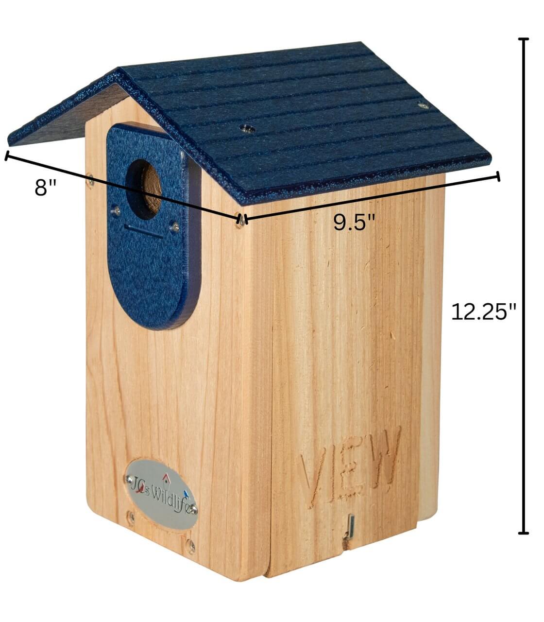 Cedar Ultimate Bluebird House in blue, featuring a viewing door and predator guard for nesting birds.