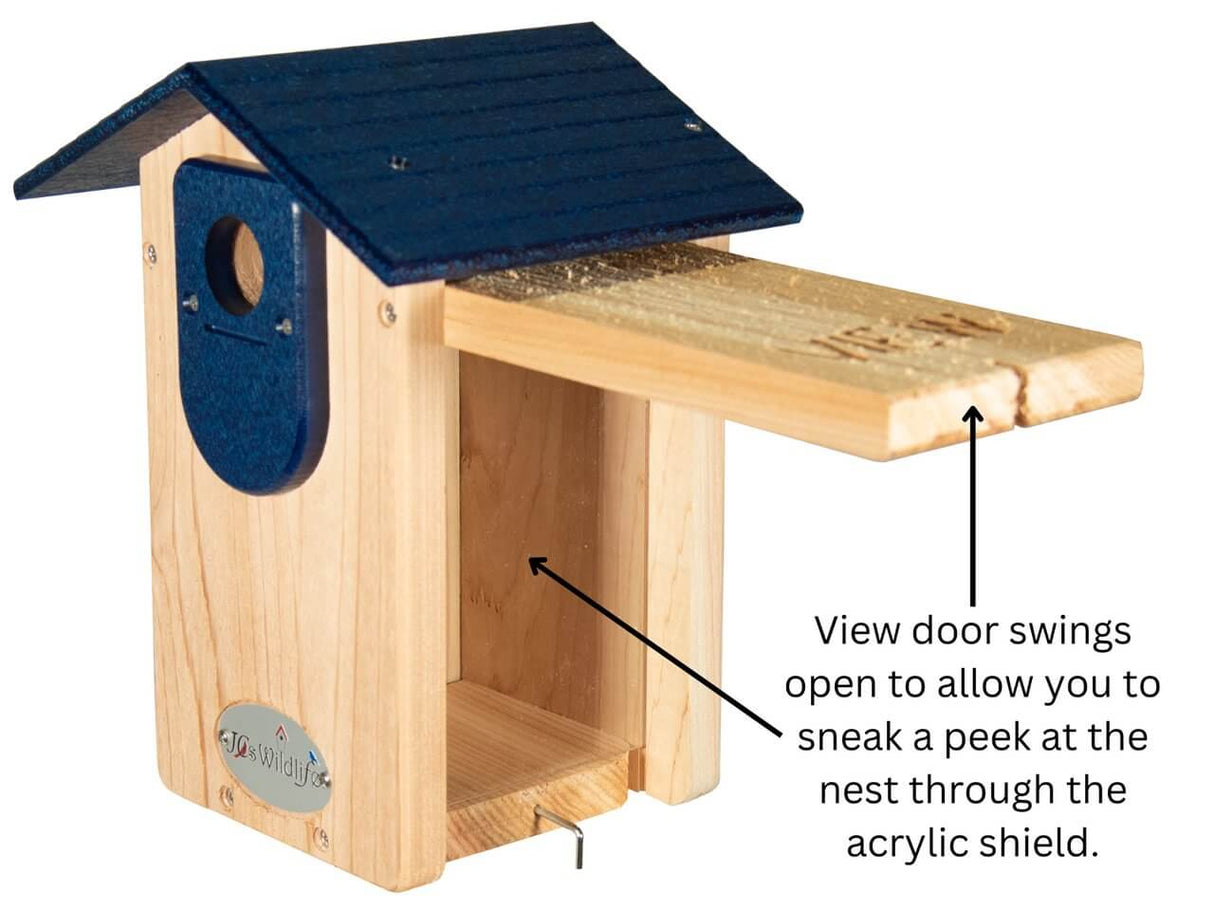 Cedar Ultimate Bluebird House blue wood with a viewing door for easy nest inspection and predator guard feature.