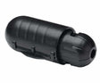 Black plastic electrical connector featuring a ribbed body, molded clips, and a rounded end for weatherproof protection