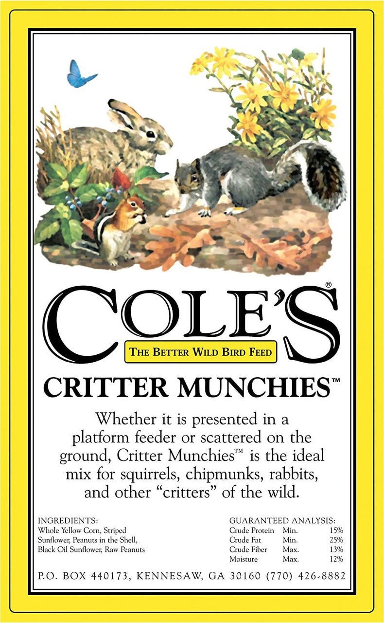 Cole's Critter Munchies wildlife feed packaging with ingredients for feeding squirrels and other critters.