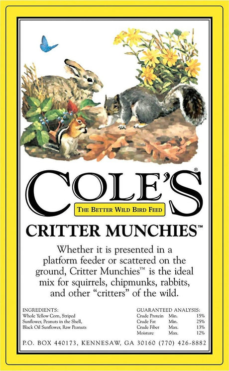 Cole's Critter Munchies wildlife feed packaging with ingredients for feeding squirrels and other critters.
