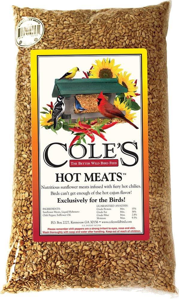 Cole's Hot Meats Bird Seed 20 lb Bag HM20, nutritious sunflower meats with spicy habanero chilies for birds.