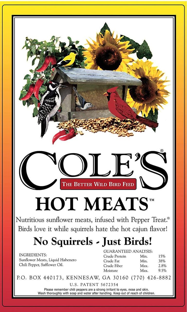 Cole's Hot Meats Bird Seed 20 lb Bag features colorful birds and sunflower imagery, highlighting nutritious, spicy bird feed.