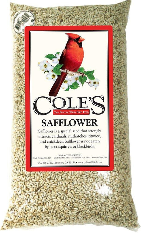 Cole's Safflower Bird Seed, 10 lbs bag with cardinal illustration, ideal for attracting songbirds without squirrels.