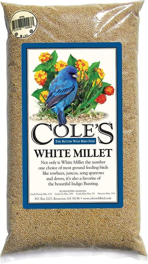 Cole's White Millet Bird Seed 20 lbs packaging, ideal for attracting ground feeding birds like Indigo Buntings.