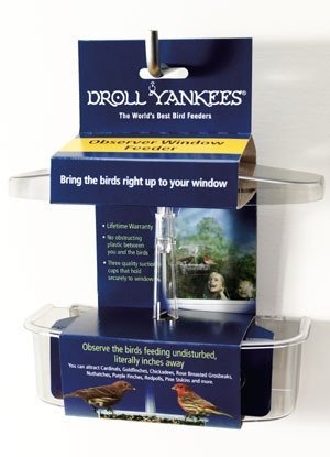 Droll Yankees Observer Window Feeder packaging showcasing 2 cup seed capacity and clear plastic design for birdwatching.