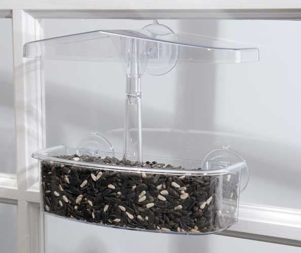 Droll Yankees Observer Window Feeder with 2 cup seed capacity, clear plastic design for birdwatching.