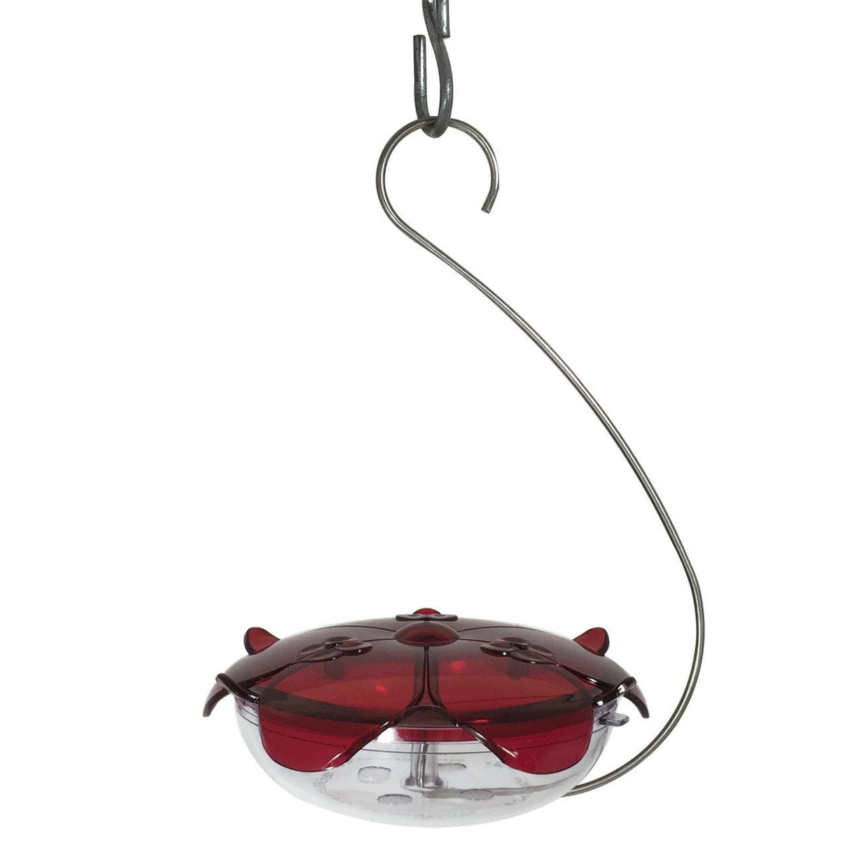 Droll Yankees Ruby Sipper Hummingbird Hanging Feeder in clear and red with 5 oz. capacity, ideal for attracting hummingbirds