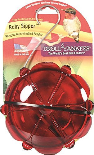 Droll Yankees Ruby Sipper Hummingbird Hanging Feeder with clear dish and 5 oz capacity in eye-catching ruby red color.