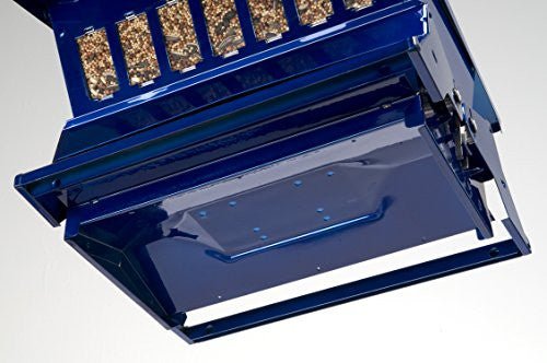 Bottom view of the Electric Blue Woodlink Absolute II Squirrel Resistant Bird Feeder showcasing weight sensitive perch mechanism.