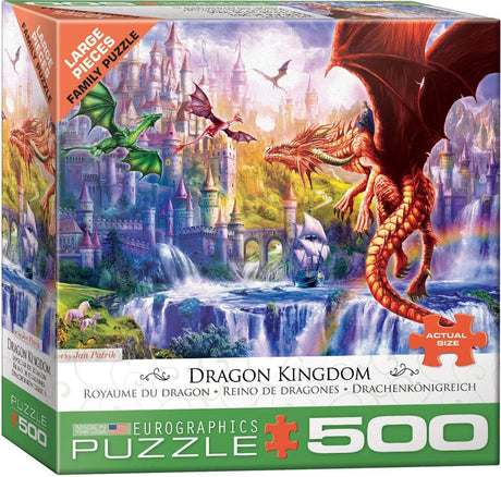 EuroGraphics Dragon Kingdom 500-piece jigsaw puzzle box featuring vivid fantasy dragon scene with castle background, family fun game.