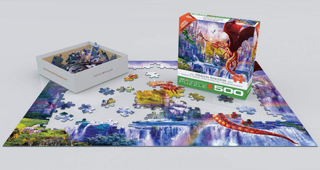 EuroGraphics Dragon Kingdom 500-piece jigsaw puzzle partially assembled on table with box and scattered pieces.