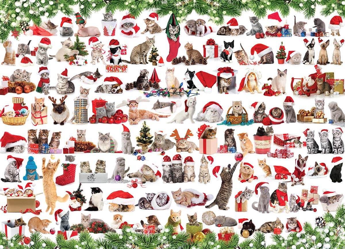 EuroGraphics Holiday Cats Jigsaw Puzzle showcasing a collage of Christmas kittens with gifts, trees, and festive hats, 1000-piece.