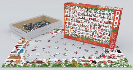 EuroGraphics Holiday Cats Jigsaw Puzzle with 1000 pieces featuring Christmas kittens partially assembled on a table