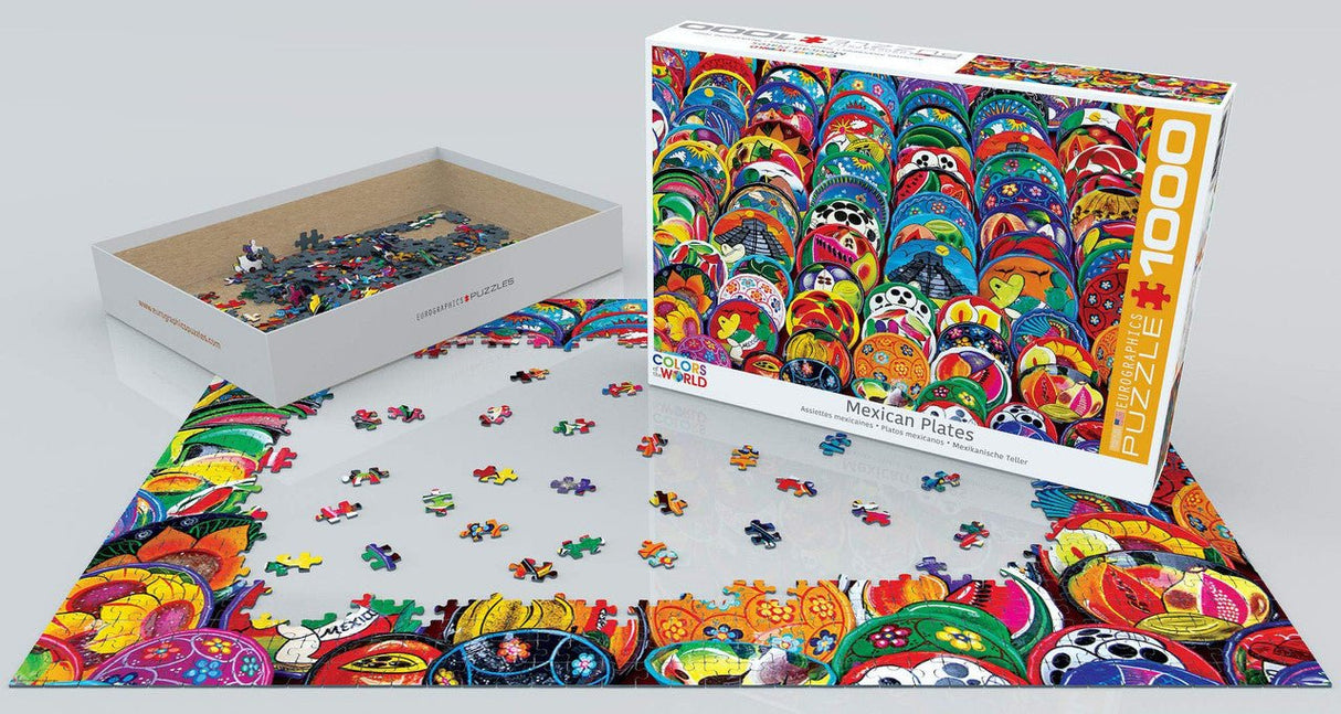 EuroGraphics Mexican ceramic plates 1000-piece jigsaw puzzle showcasing colorful talavera pottery design and partially completed puzzle.