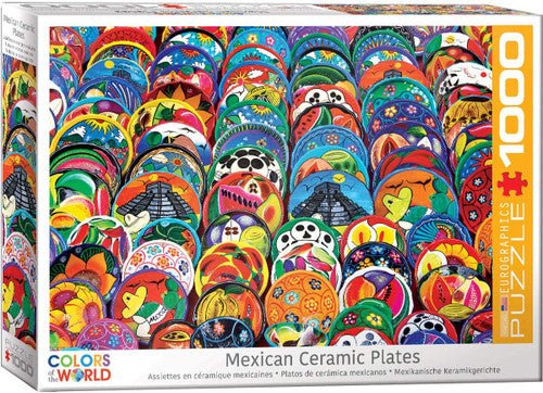 EuroGraphics Mexican ceramic plates 1000-piece jigsaw puzzle box showcasing colorful talavera pottery designs
