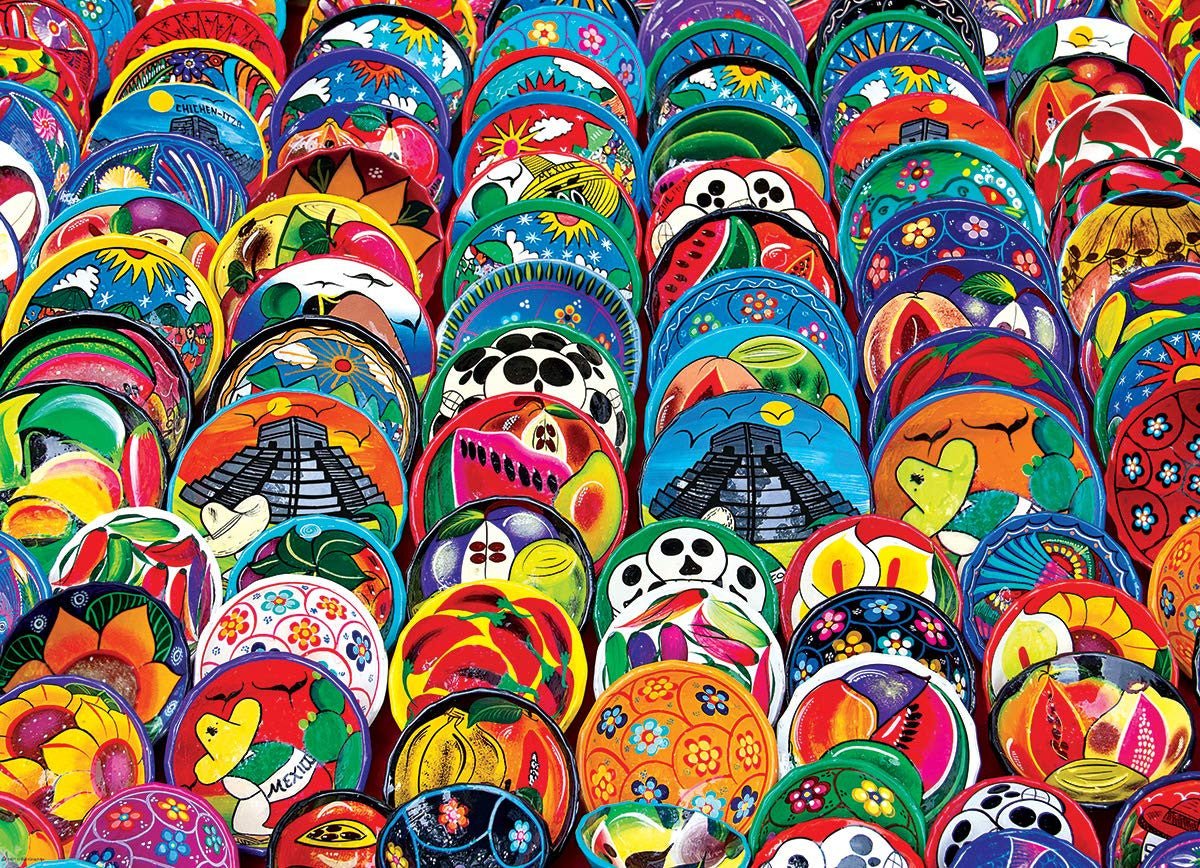 Bright and colorful Mexican ceramic plates jigsaw puzzle featuring intricate talavera pottery designs, 1000-piece completed image.