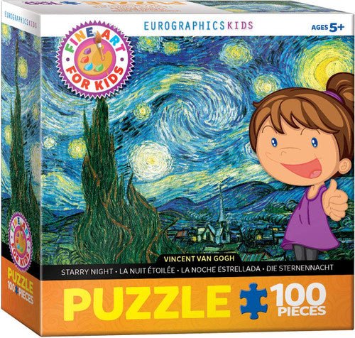 EuroGraphics Kids 100-Piece Starry Night Jigsaw Puzzle Box Featuring Vincent van Gogh Art and Cartoon Girl for Ages 5 and Up