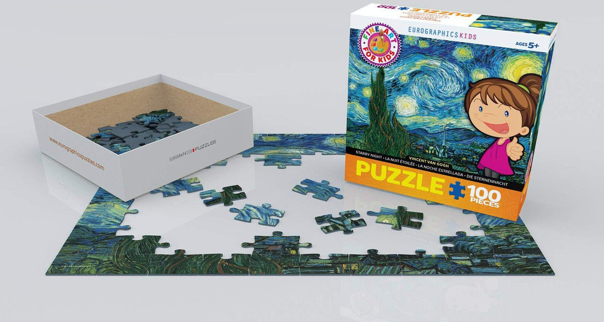 EuroGraphics Starry Night 100-Piece Jigsaw Puzzle with box and partially assembled pieces on table for kids aged 5 and above