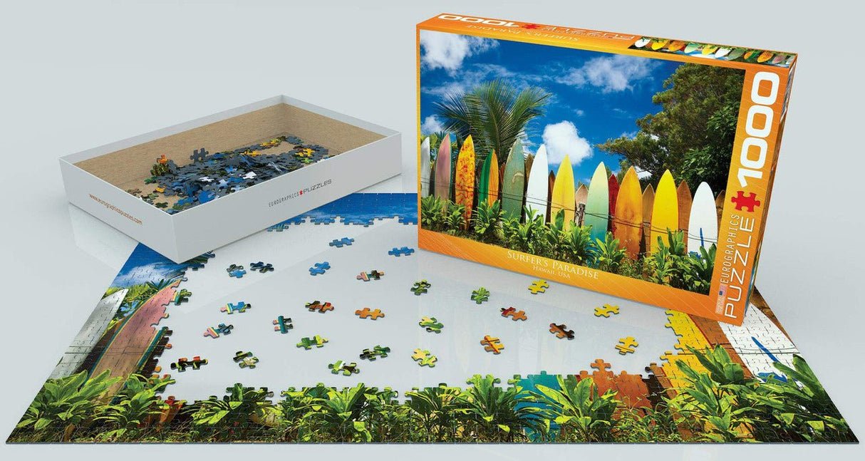 EuroGraphics Surfer's Paradise Hawaii 1000-piece jigsaw puzzle box and pieces with colorful surfboards and blue sky