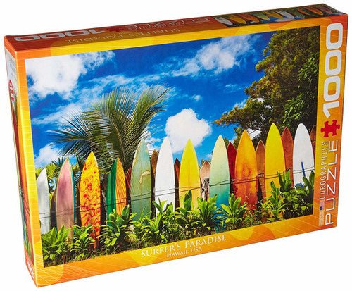 EuroGraphics 1000-piece Surfer's Paradise, Hawaii jigsaw puzzle box showing surfboards and blue sky.