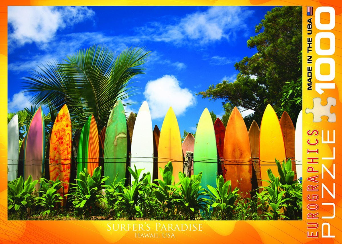 EuroGraphics Surfer's Paradise Hawaii jigsaw puzzle with colorful surfboards against blue sky and lush greenery, 1000-piece puzzle.
