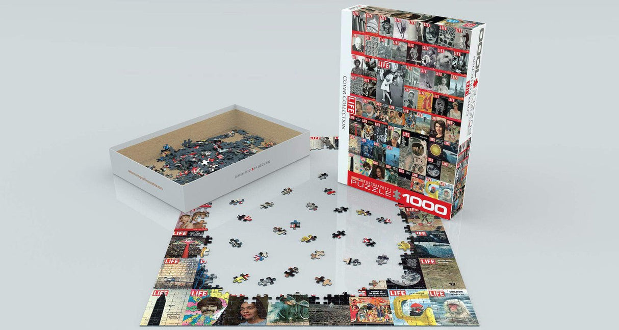 EuroGraphics The LIFE Cover Collection 1000-piece jigsaw puzzle featuring vintage LIFE Magazine covers partially assembled with box.