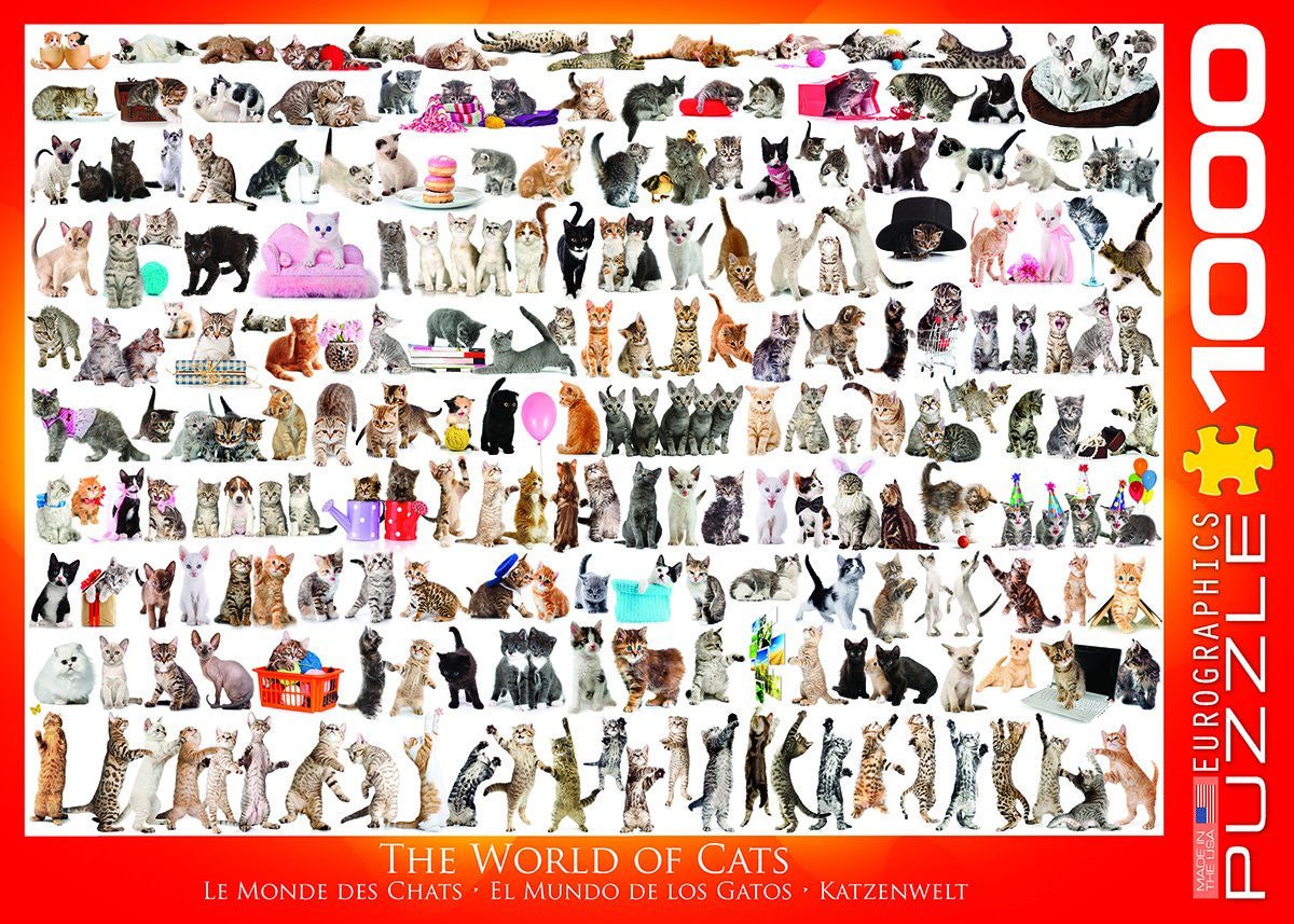 EuroGraphics The World of Cats 1000-piece jigsaw puzzle featuring over 120 cat breeds. High-quality recycled puzzle pieces and vegetable-based ink.
