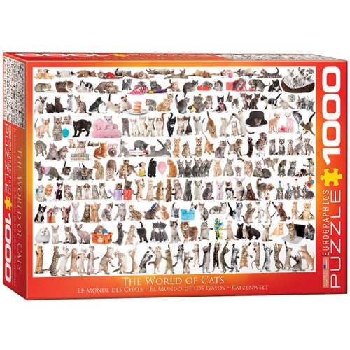 EuroGraphics The World of Cats 1000-Piece Jigsaw Puzzle with over 120 cat breeds, box displaying puzzle image, strong high-quality pieces.