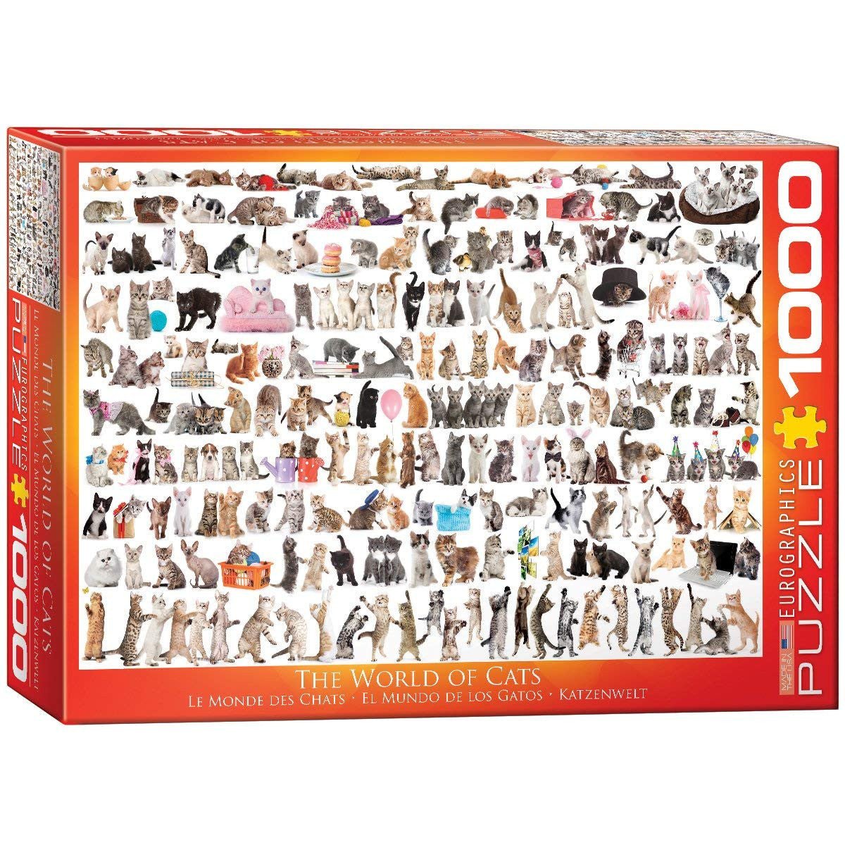 EuroGraphics The World of Cats 1000-piece jigsaw puzzle box featuring over 120 cat breeds with high-quality pieces and eco-friendly materials.