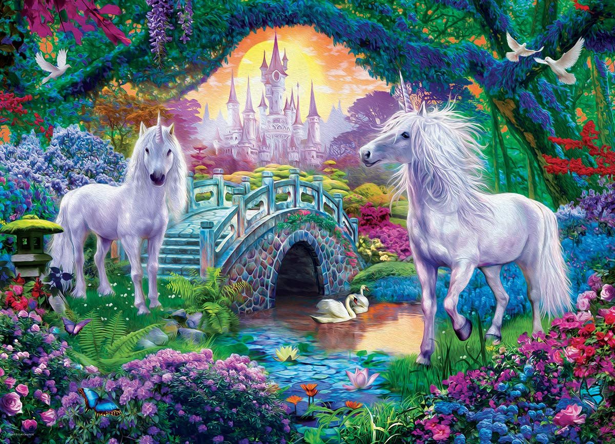 Unicorns in magical fairy land with castle and colorful scenery from the EuroGraphics 500-piece jigsaw puzzle, art by Jan Patrik.