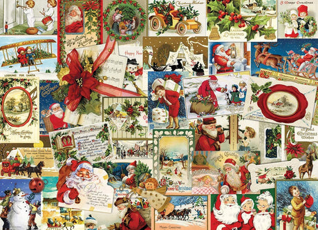 EuroGraphics Vintage Christmas Cards 1000-piece jigsaw puzzle featuring festive holiday images and classic Santa Claus designs.