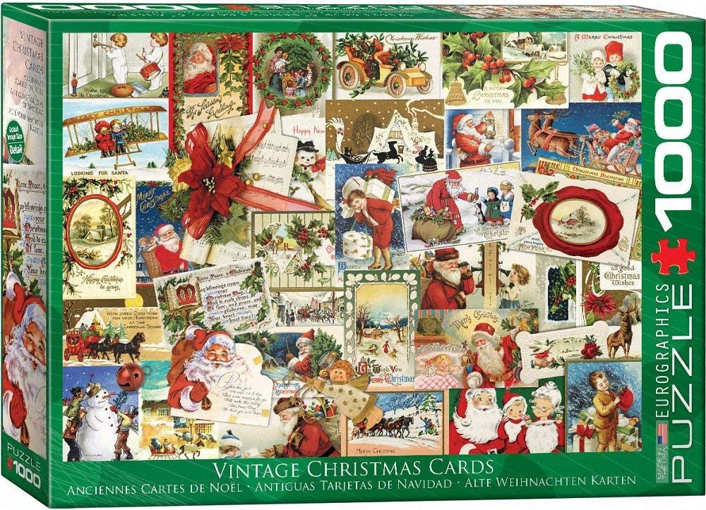 EuroGraphics Vintage Christmas Cards 1000-piece jigsaw puzzle box with collage of holiday greeting cards on green background.