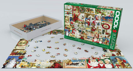 EuroGraphics Vintage Christmas Cards 1000-Piece Jigsaw Puzzle with box and partially assembled pieces.