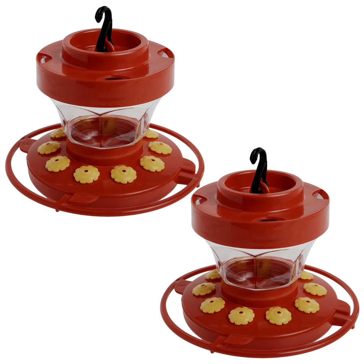 Two First Nature 3091 Flower Hummingbird Nectar Feeders with red bases and yellow flower ports for easy cleaning and bee deterrence.