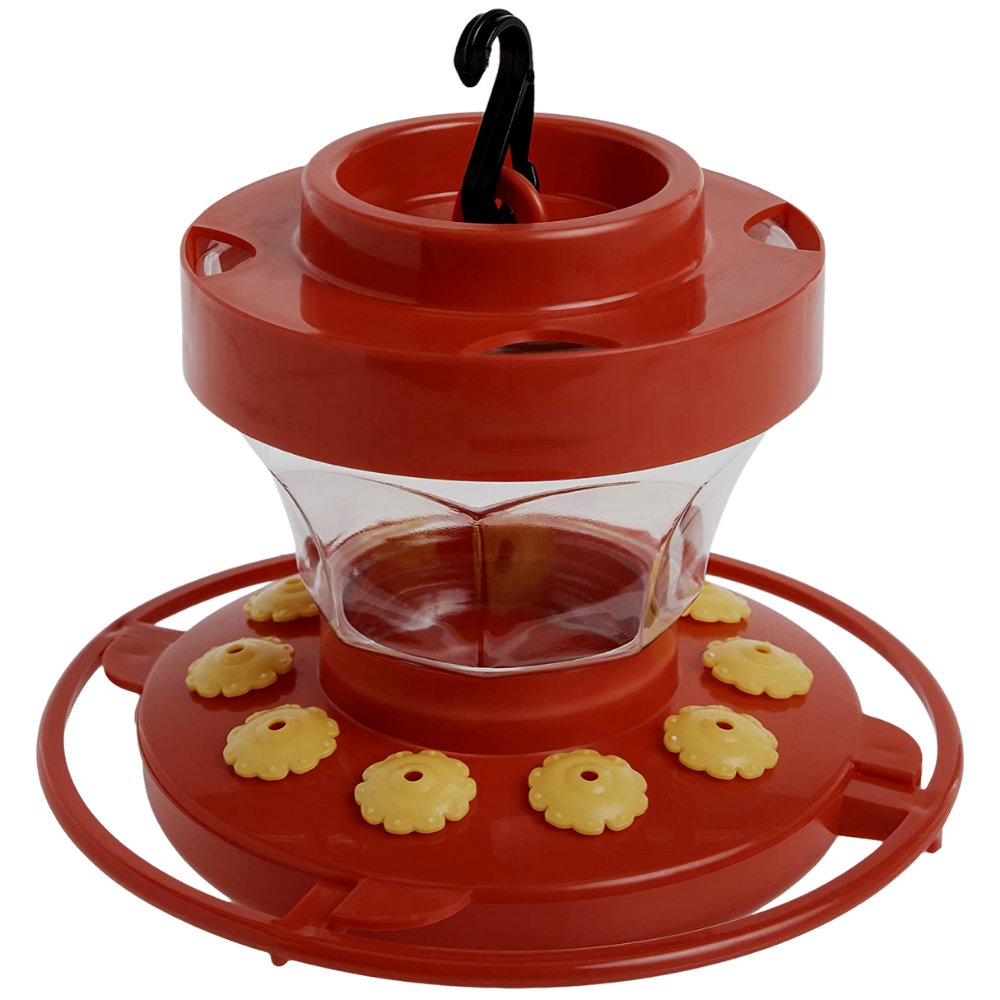 First Nature 3091 Flower Hummingbird Nectar Feeder with red base, yellow flowers, and easy-cleaning 16 oz. reservoir.
