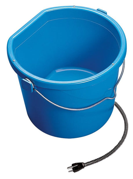 Heated Flat-Back Bucket 20 qt. (5 gal.) with metal handle, designed to hang flush against walls; thermostatic control prevents water freezing