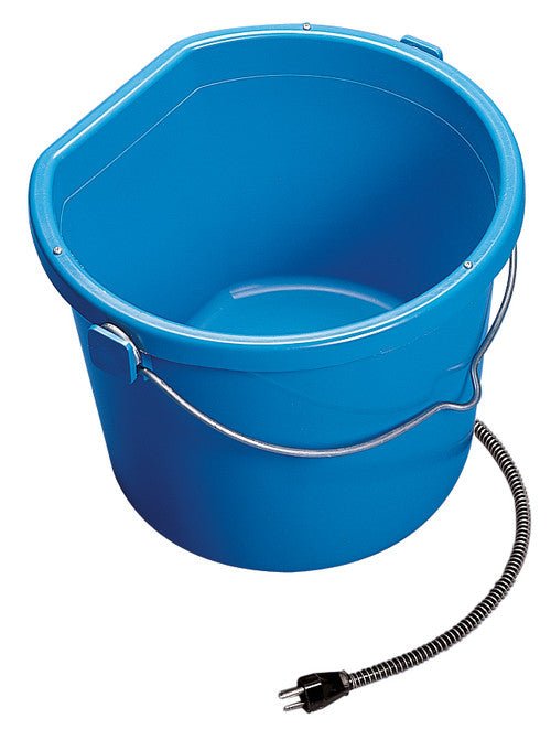 Heated Flat-Back Bucket 20 qt. with metal handle and power cord to prevent water from freezing, suitable for low temperatures.