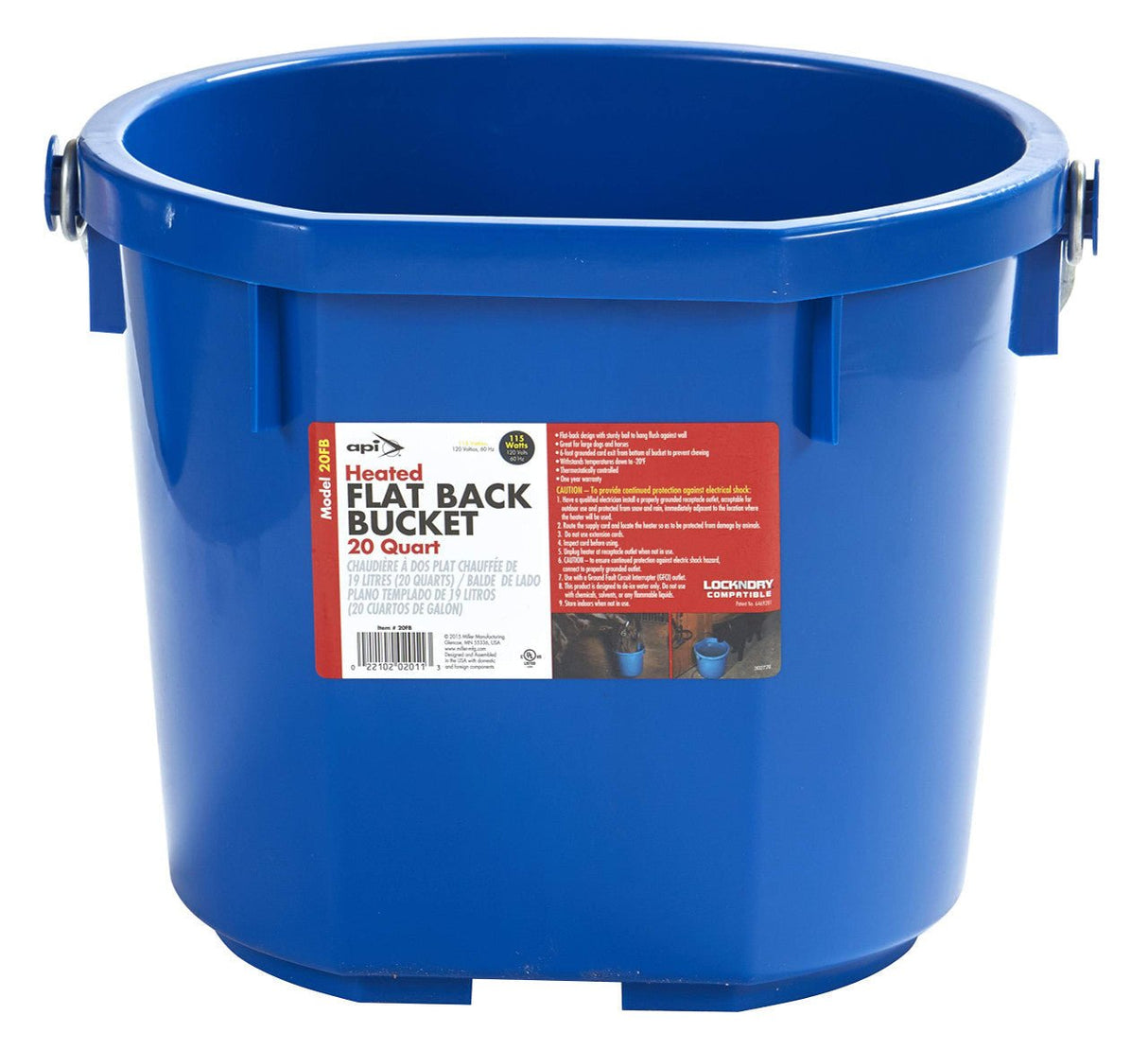 Blue 20 qt. heated flat-back bucket with oversized metal handle for hanging against wall, designed to withstand cold temperatures without cracking.