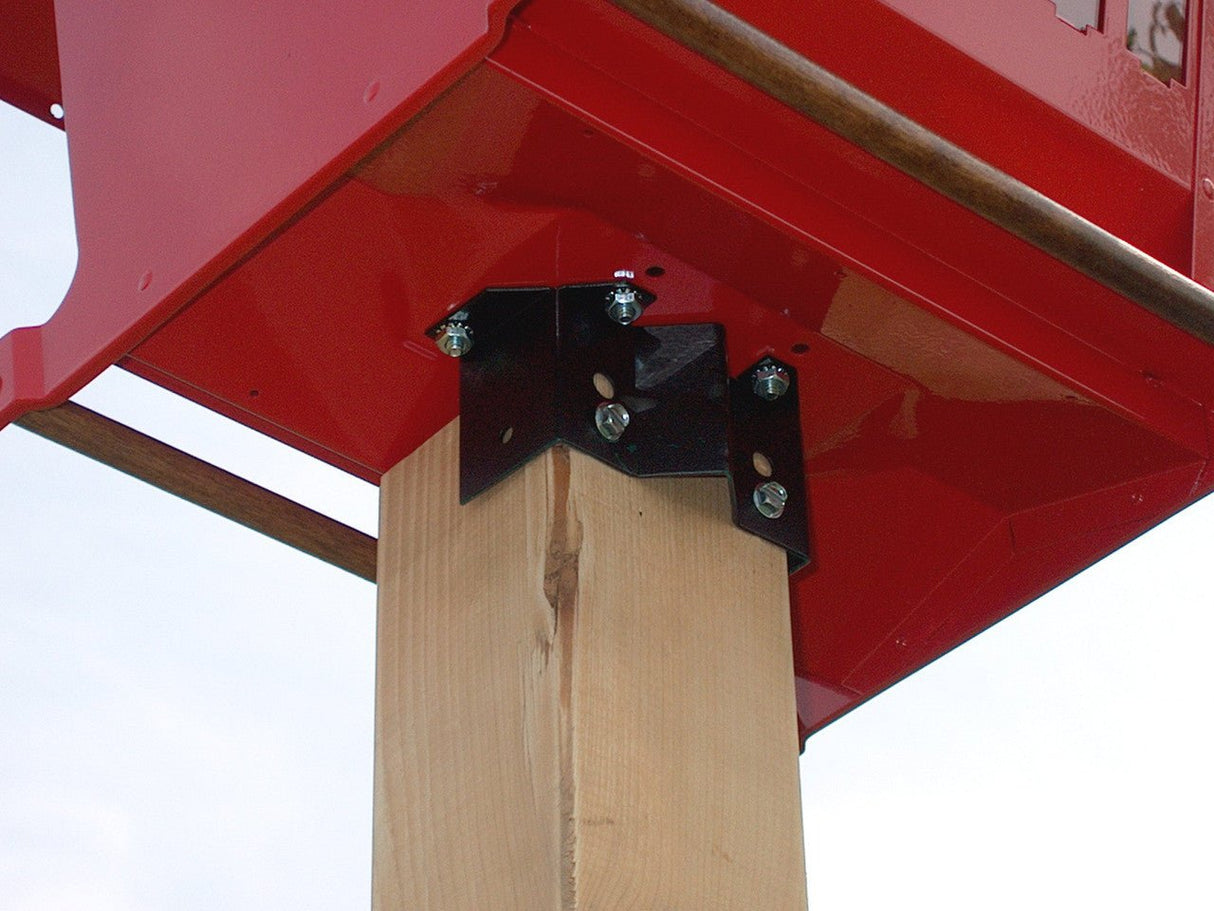 Universal Mounting Bracket securely attaching a bird feeder to a wooden post