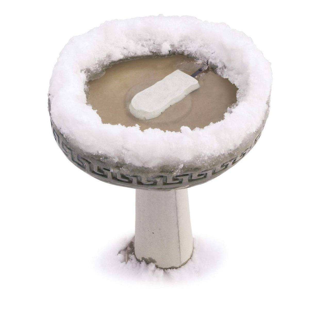 Photograph of a snow-covered stone birdbath with a Greek key border featuring a partially submerged heater and a small amount of muddy water in a backyard setting during winter