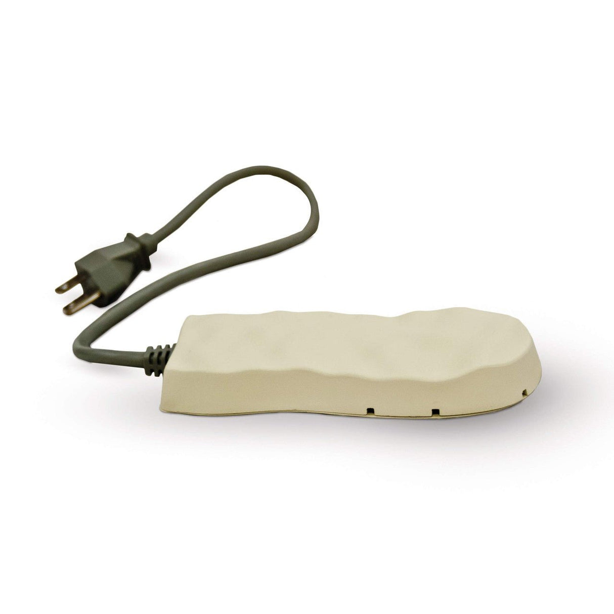 Product shot of an off-white, irregularly shaped power adapter with a dark gray cord and small ventilation holes on a white background