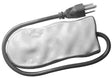 Photograph of an electric heating pad with a gray cord and textured white surface featuring a three-prong plug